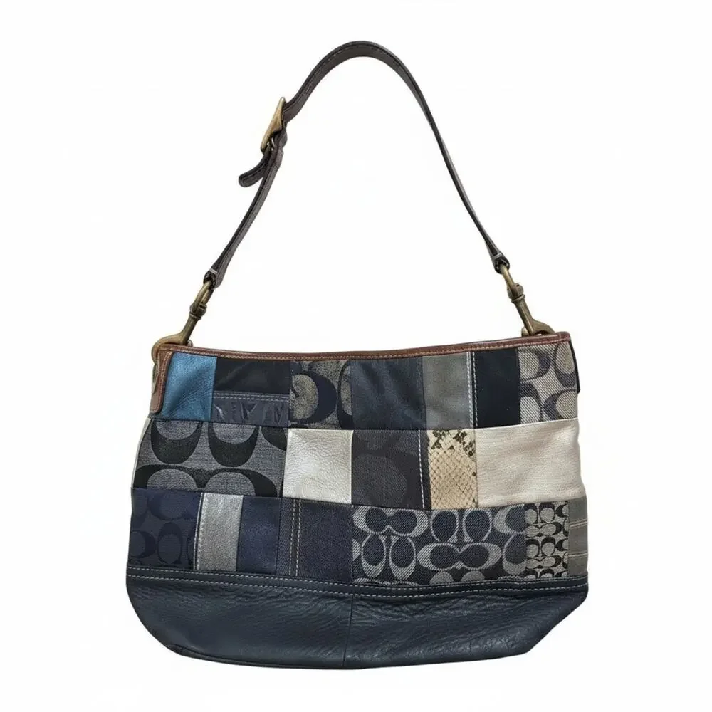 Coach Vintage B063-10003 Indigo Denim Blue Patchwork Leather Mixed Media Handbag